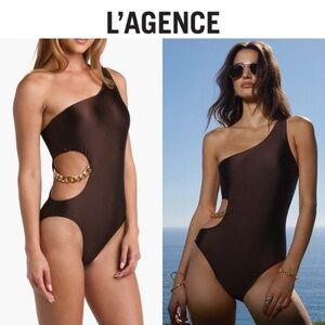 L’AGENCE Ava Cutout Chain One-Shoulder Underwire One Piece Swimsuit S $275 NWT